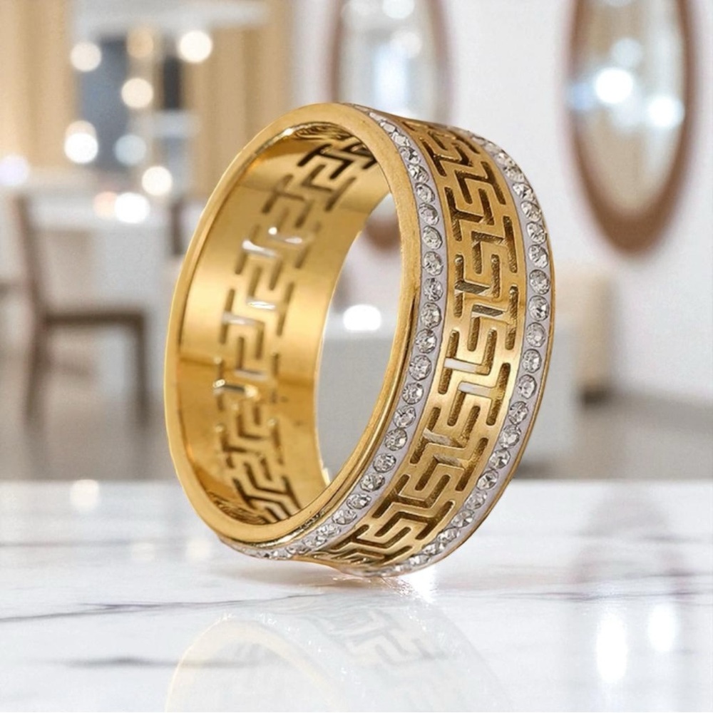 NWT GOLD PLATED GREEK KEY MEANDER PATTERN WITH CRYSTAL DETAILS